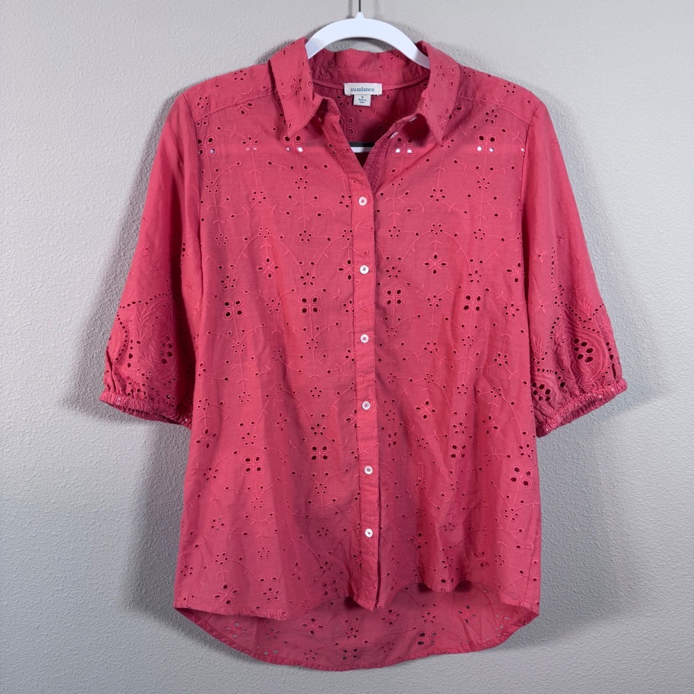 Sundance Cotton Eyelet Floral Button Up Shirt Coral Pink Cottagecore Boho Small
